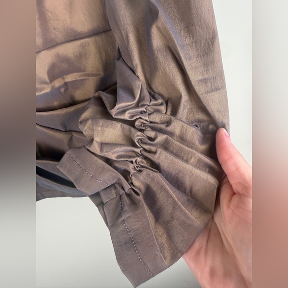 Tadashi Shoji Brown Metallic Y2K Top V-Neck Full Zip Ruched Size 14 - Picture 4 of 8